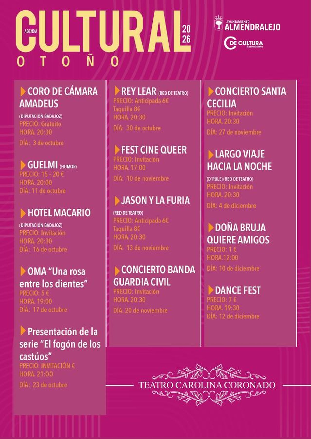 Cultural autumn programme 2026 at Teatro Carolina Coronado features diverse performances
